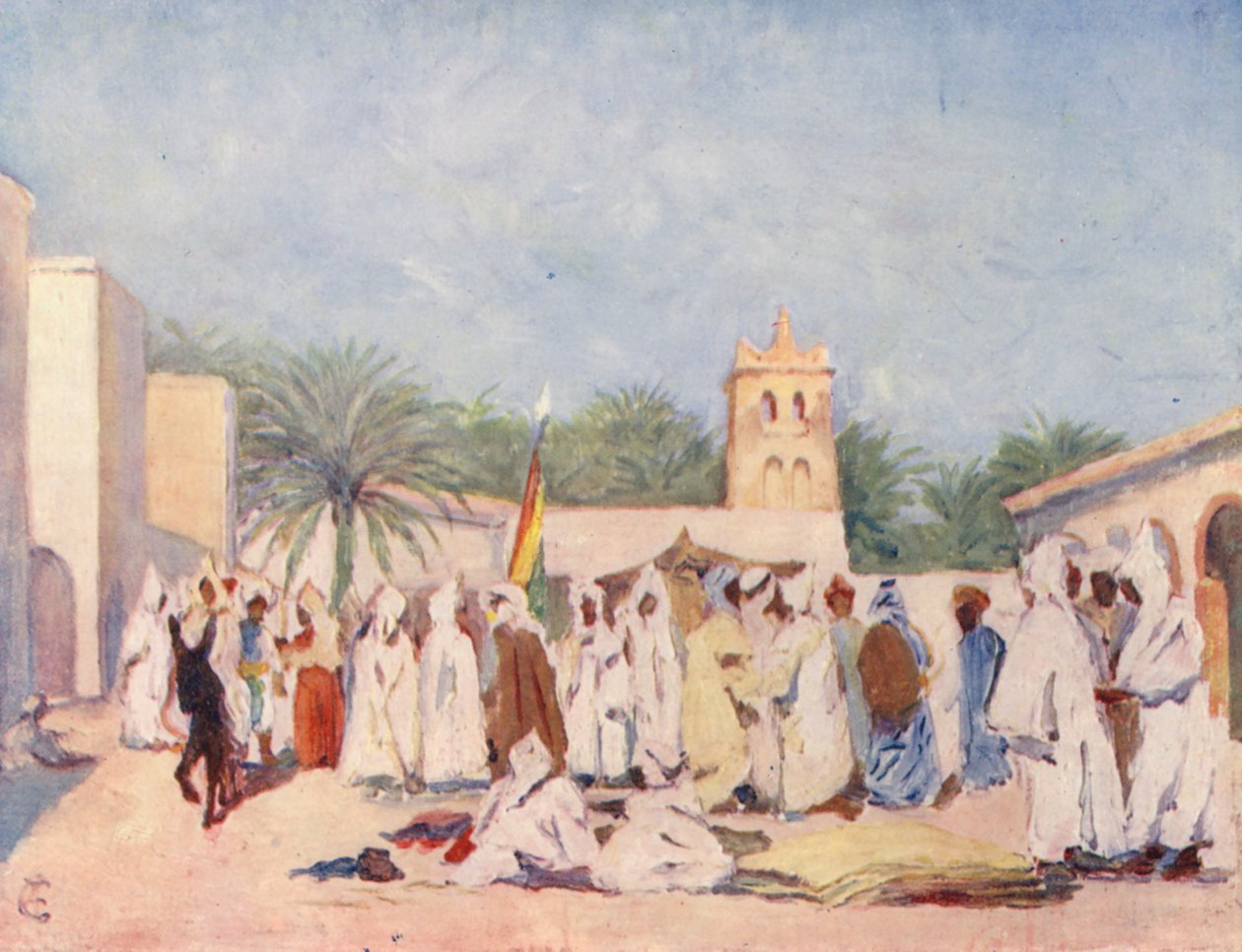 De markt, Biskra (kleurenlitho) door Augustine Fitzgerald