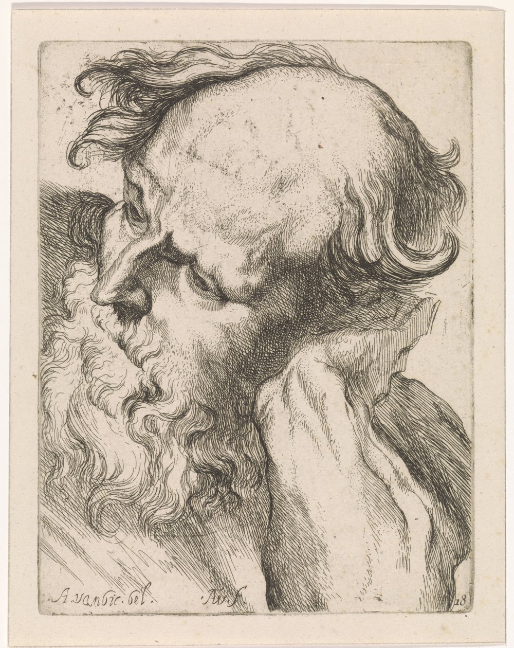 Hoofd van een oude man (Jozef) Studies voor een tekeningenboek naar klassieke sculpturen en figuren van Anthony van Dyck door Augustinus Terwesten (I)