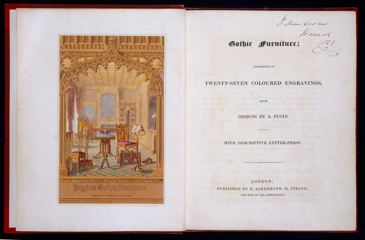 Titelpagina en frontispice van Gothic Furniture, Pugin, Augustus Charles (1762-1832), 1826 door Augustus Charles Pugin