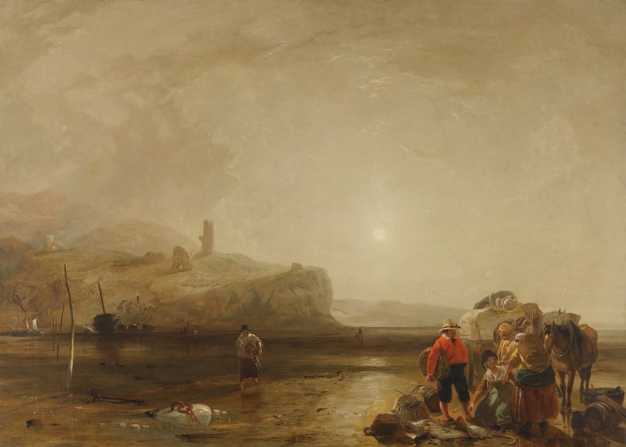 Kustscène met Figuren die Onderhandelen over Vis door Augustus Wall Callcott