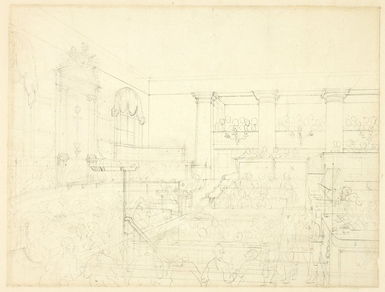 Studie voor Old Bailey, uit Microkosmos van Londen door Augustus Charles Pugin