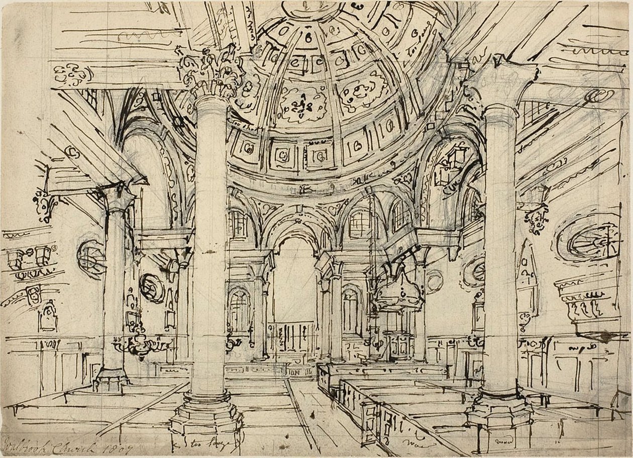 Studie voor Walbrook Kerk (recto); Schetsen van Zeilboten, Mannen en Roeiboten (verso) door Augustus Charles Pugin