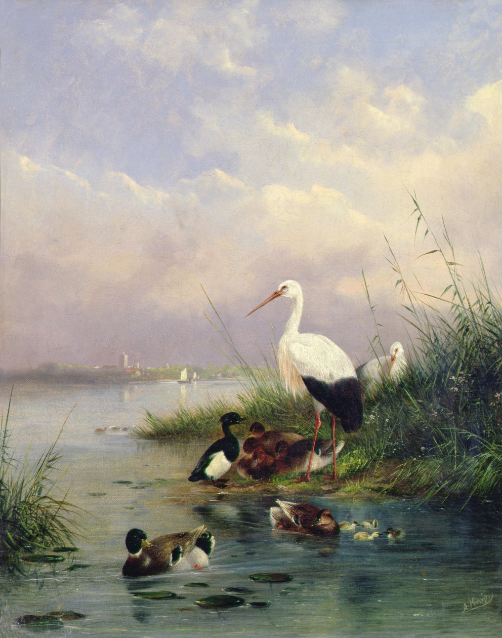 Een familie van wilde eenden, twee ooievaars en een familie van kuifeenden door Augustus Knip
