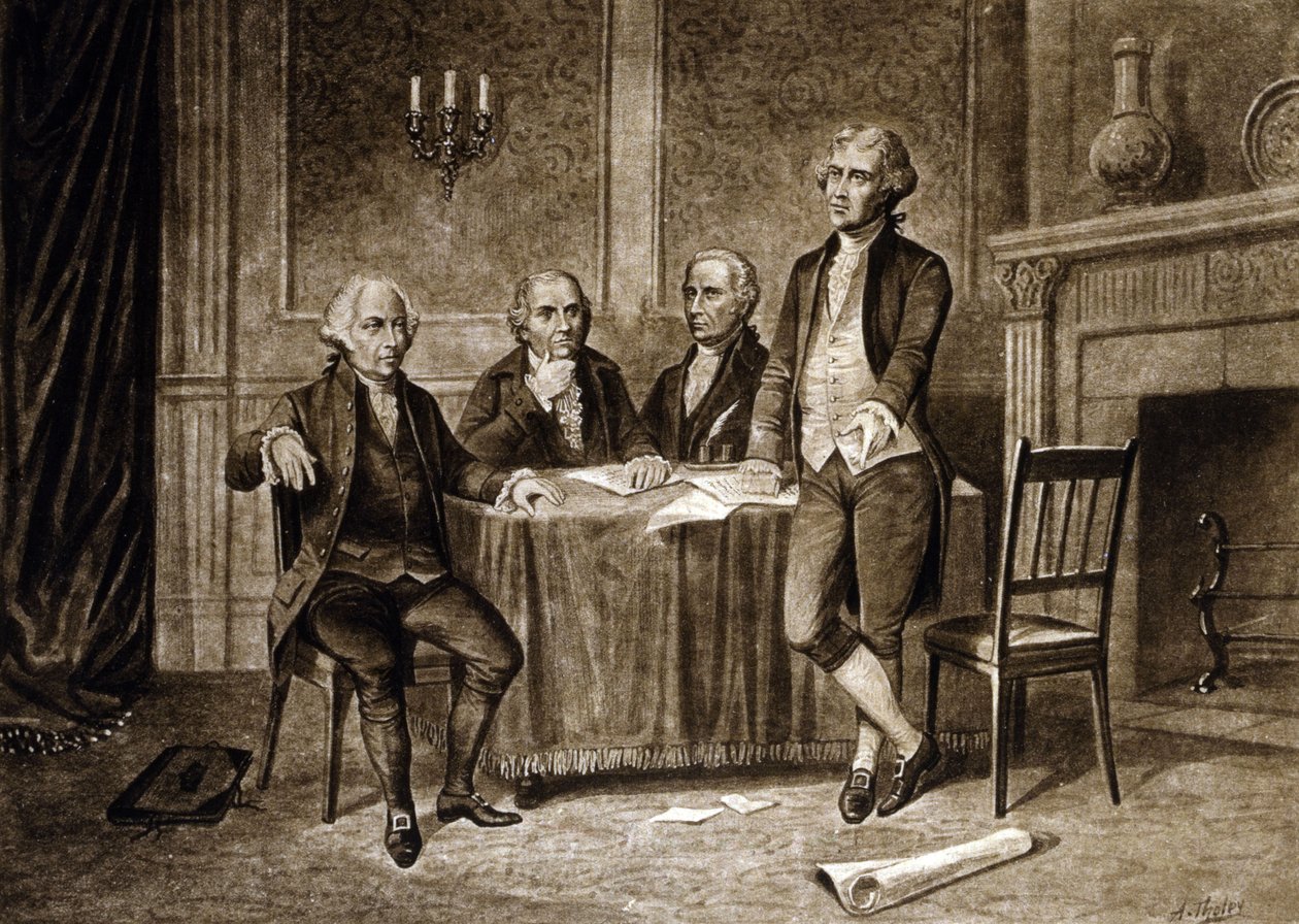 Leiders van het Continentaal Congres 1775: John Adams, Robert Morris, Alexander Hamilton, Thomas Jefferson, tekening door Augustus Tholey (1894) door Augustus Tholey