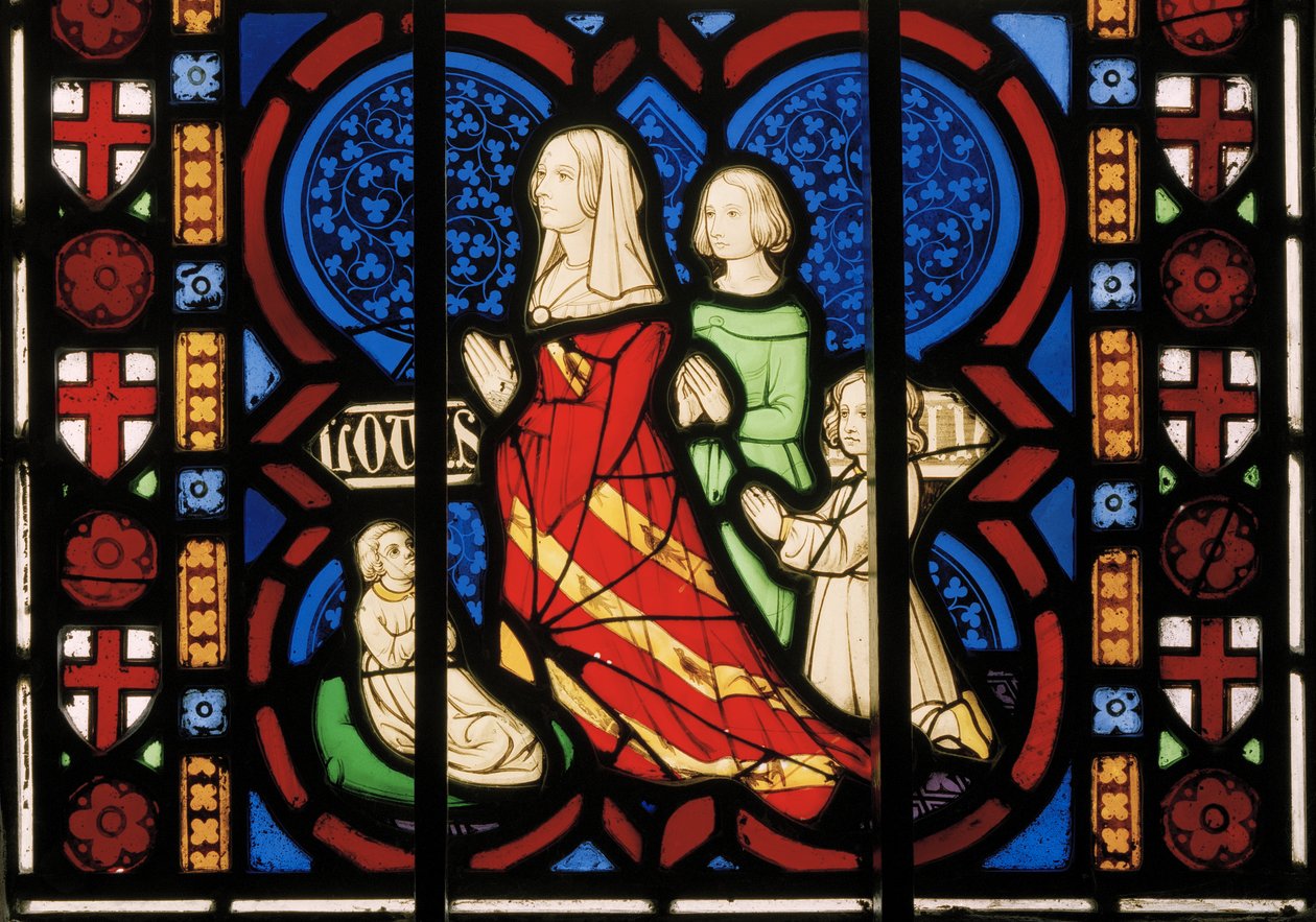 Pugins tweede vrouw Louisa met haar stiefdochter Anne en haar twee dochters Agnes & Katherine, Oostelijk Kapelvenster door Augustus Welby Northmore Pugin