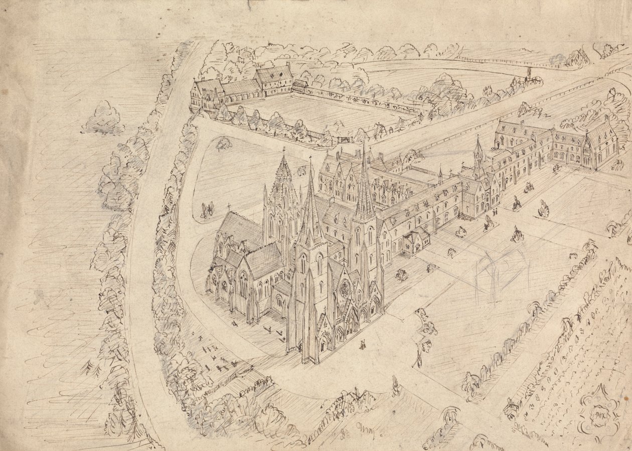 Schets van een gotische kerk en klooster door Augustus Welby Northmore Pugin