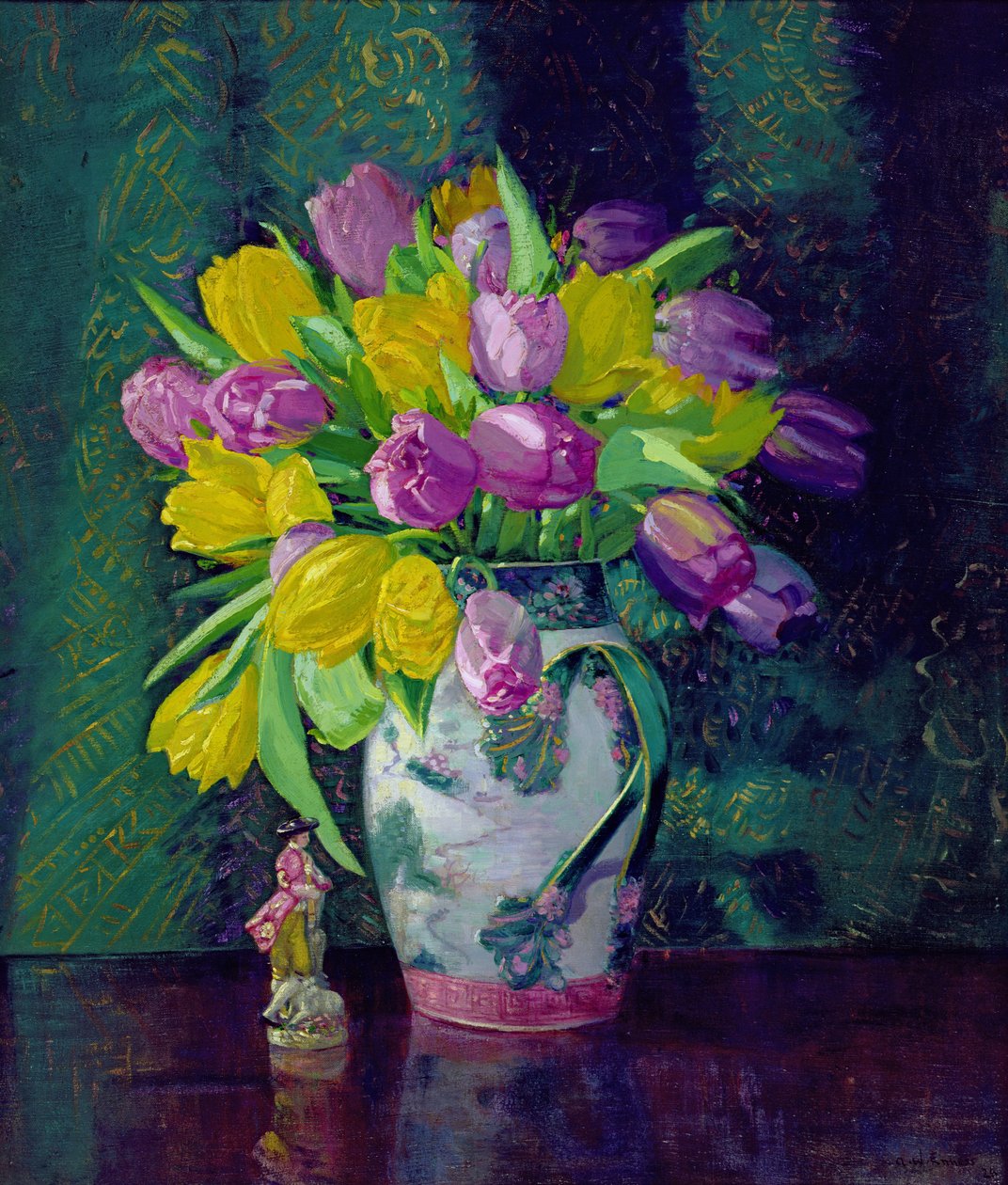 Gele en mauve tulpen in een vaas door Augustus William Enness