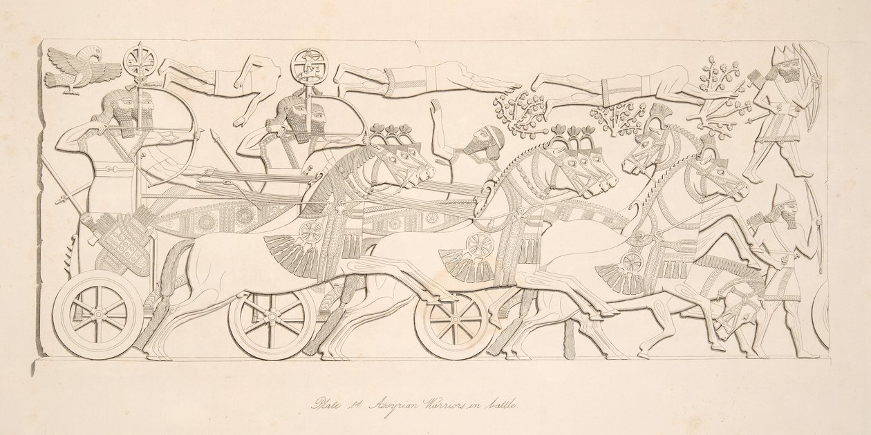 Assyrische krijgers in de strijd, uit Monumenten van Nineveh, uitgegeven 1849 door Austen Henry Layard