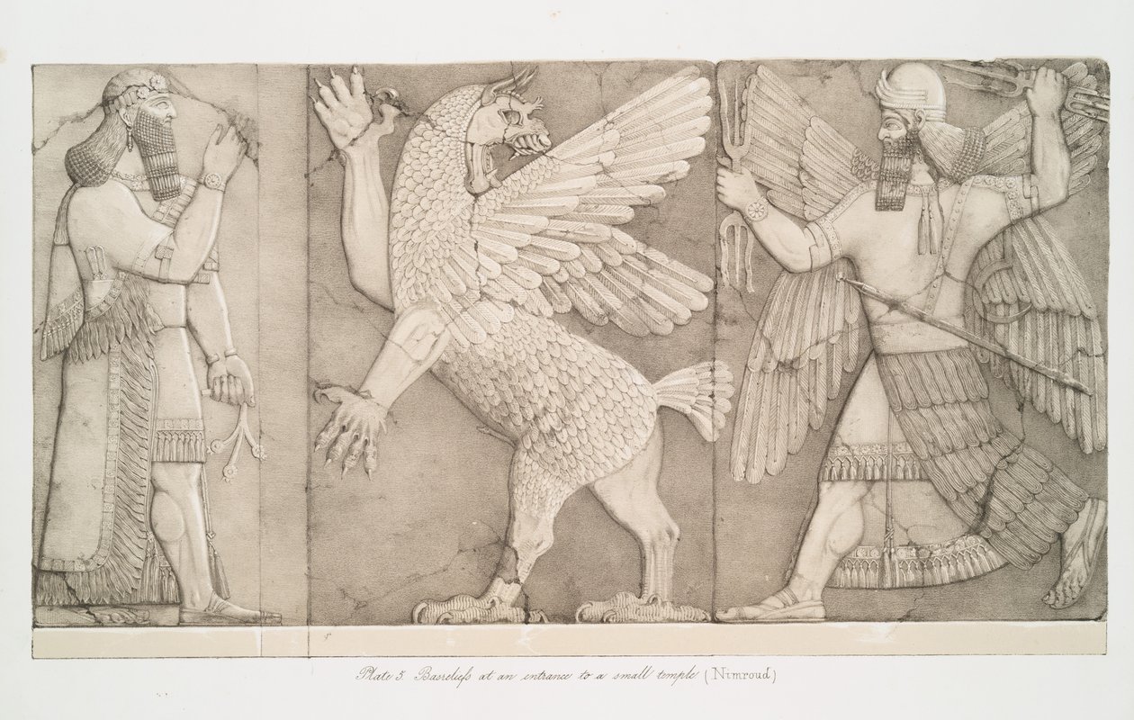 Bas-reliëfs bij een ingang van een kleine tempel in Nimroud [Calah], 1853 door Austen Henry Layard
