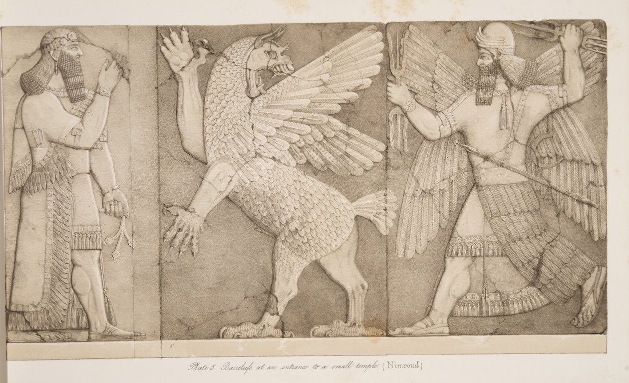 Bas-reliëfs bij een ingang van een kleine tempel (Nimroud), uit Monumenten van Nineveh, uitgegeven 1849 door Austen Henry Layard