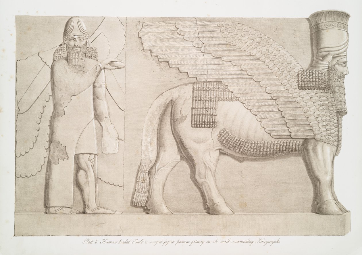 Menshoofdige stier en gevleugelde figuur van een poort in de muur rond Kouyunjik [Quyunjik], 1853 door Austen Henry Layard