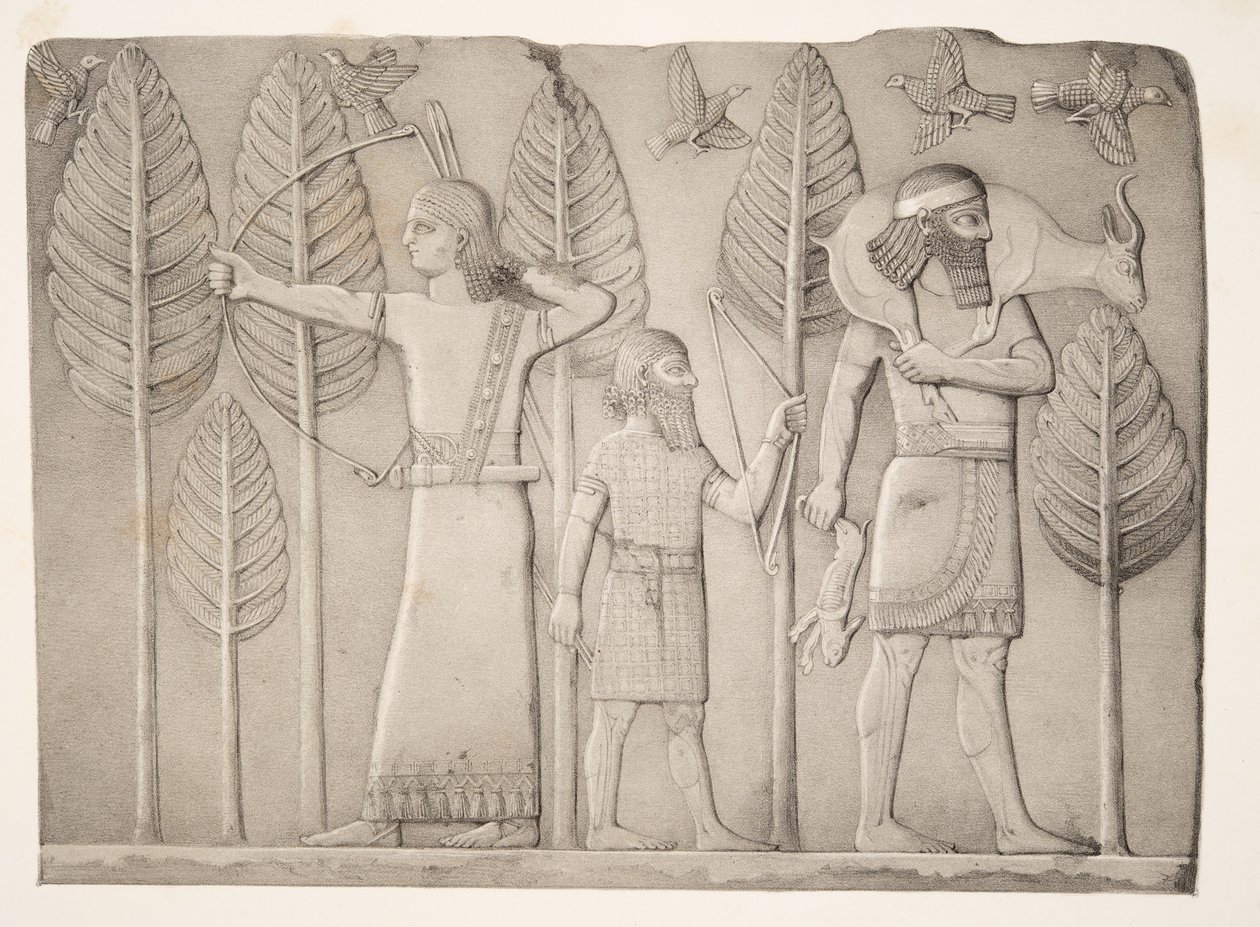 Jagers met gazelle, haas en vogels (Khorsabad), uit Monumenten van Nineveh, uitgegeven 1849 door Austen Henry Layard