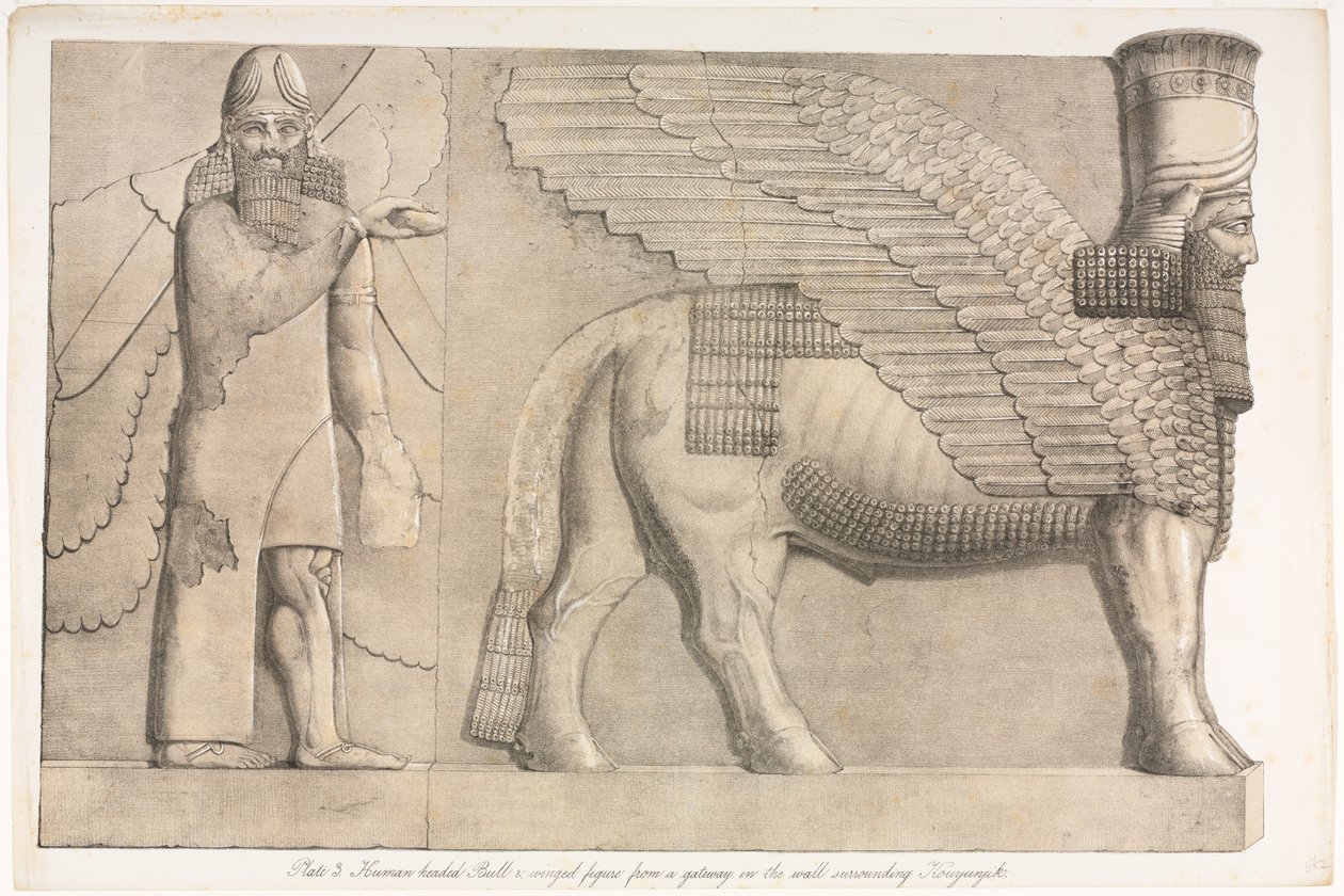 Monumenten van Nineve: Plaat 3, Menselijk-hoofdige Stier en Gevleugelde Figuur van een Poort in de Muur Rondom Kouyunjik (Quyunjik) door Austen Henry Layard