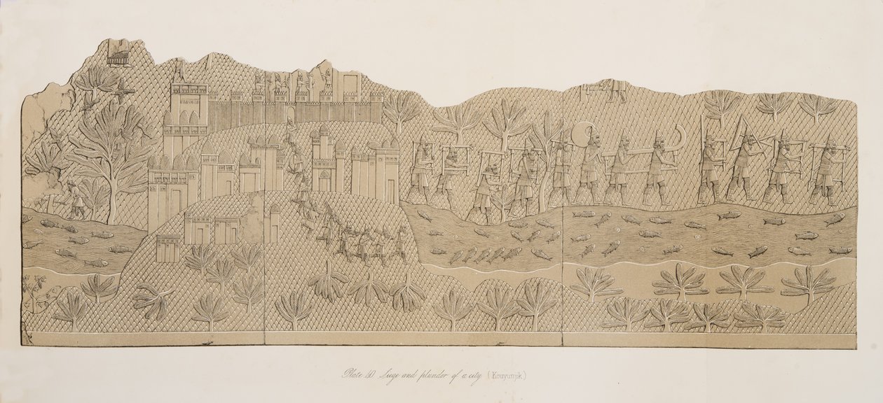Beleg en plundering van een stad (Kouyunjik), uit Monumenten van Nineveh, uitgegeven 1849 door Austen Henry Layard