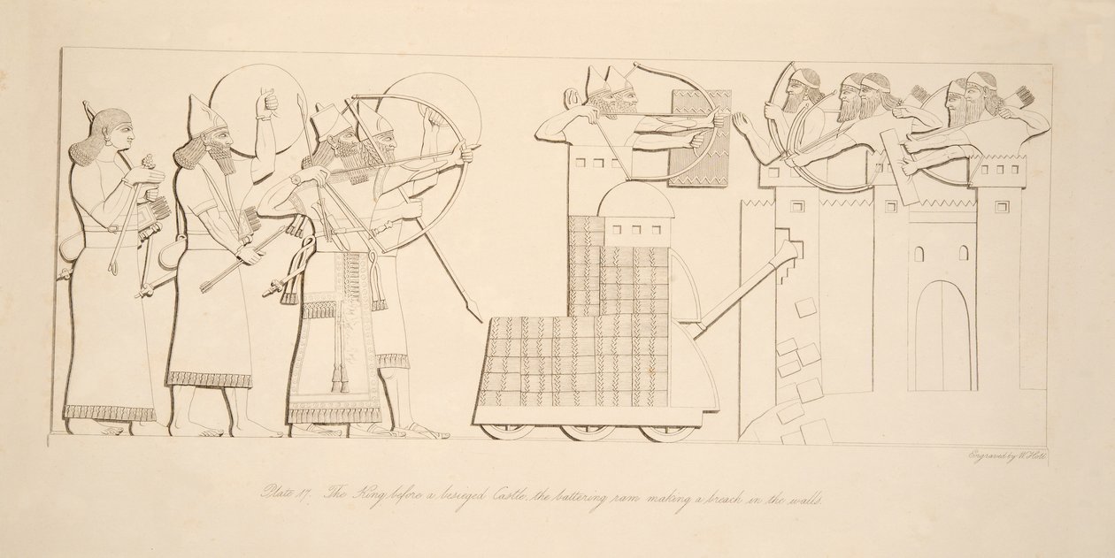 De koning voor een belegerd kasteel, de stormram maakt een bres in de muren, uit Monumenten van Nineveh, uitgegeven 1849 door Austen Henry Layard