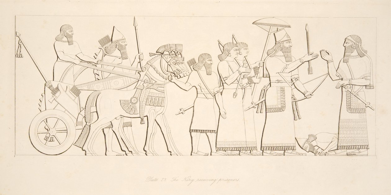 De koning ontvangt gevangenen, uit Monumenten van Nineveh, uitgegeven 1849 door Austen Henry Layard