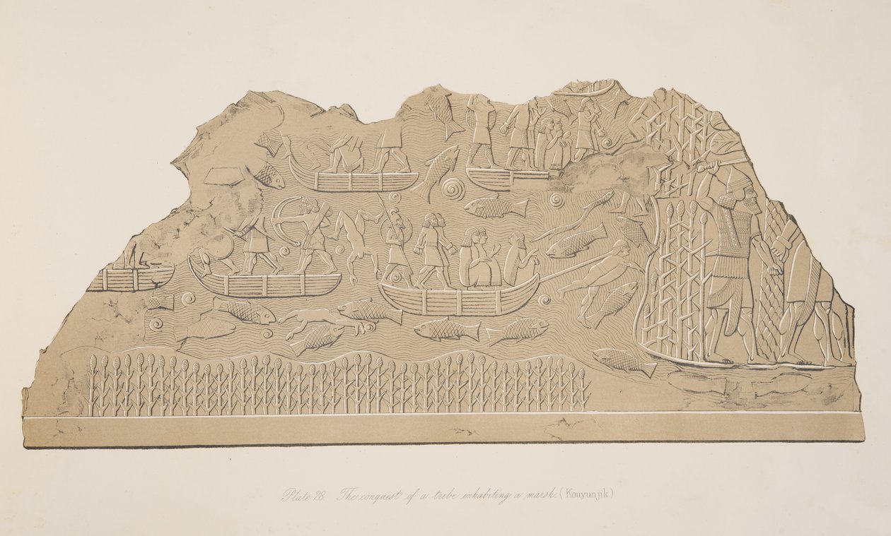 De verovering van een stam die in een moeras woont (Kouyunjik), uit Monumenten van Nineveh, uitgegeven 1849 door Austen Henry Layard
