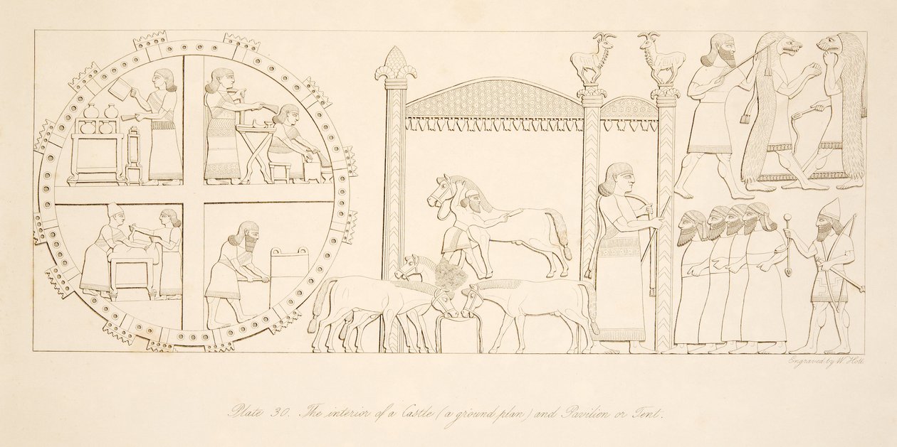 Het interieur van een kasteel (een plattegrond) en paviljoen of tent, uit Monumenten van Nineveh, uitgegeven 1849 door Austen Henry Layard