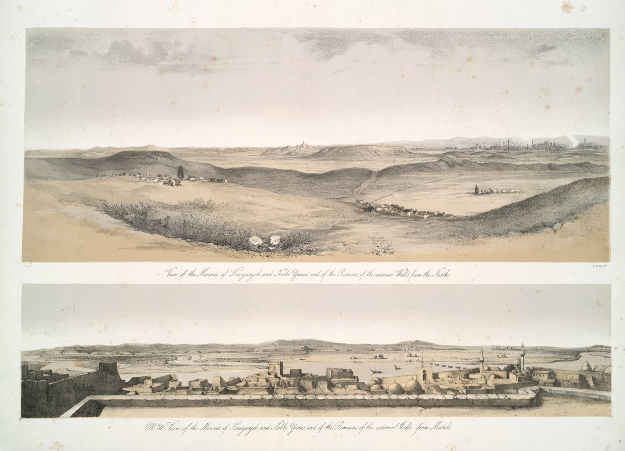 Uitzicht op de heuvels van Kouyunjik [Quyunjik] en Nebbi Yunus, en de overblijfselen van de buitenmuren, vanuit Mosul door Austen Henry Layard