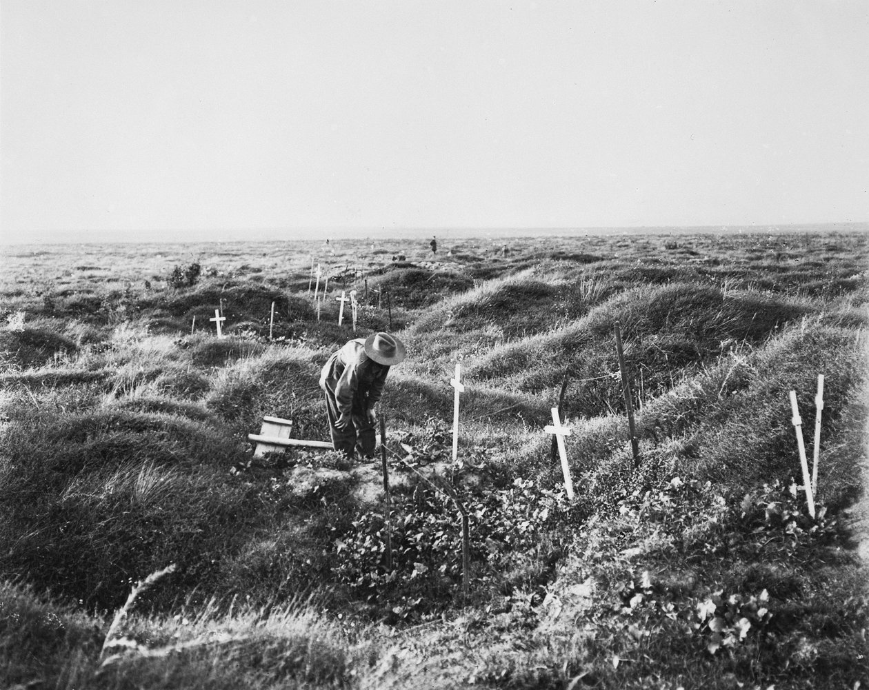 Zicht op verspreide Australische graven langs de OG1-lijn op het slagveld van Pozieres, 16 september 1917 door Australian Photographer