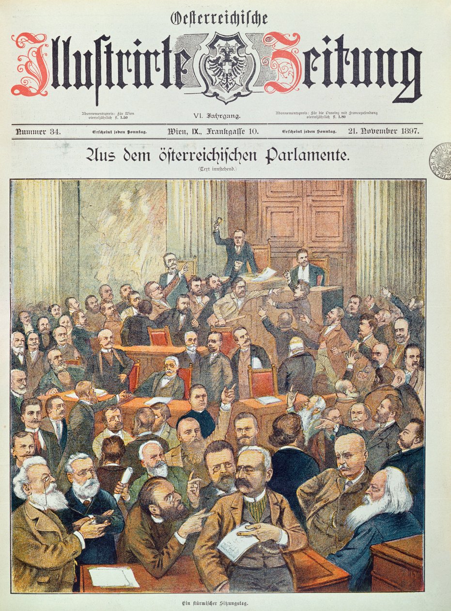 Een stormachtige zitting in het Oostenrijkse parlement in Wenen, 1897 door Austrian School