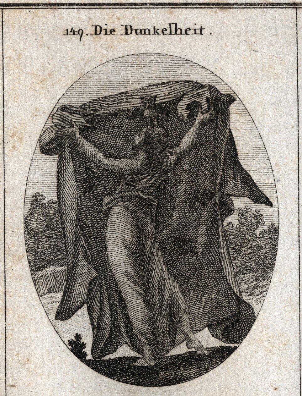 Allegorie van duisternis. Ze spreidt een donker sluier uit waarmee ze het binnendringen van licht verhindert. Haar attributen zijn de uil en andere nachtvogels. Gravure in 