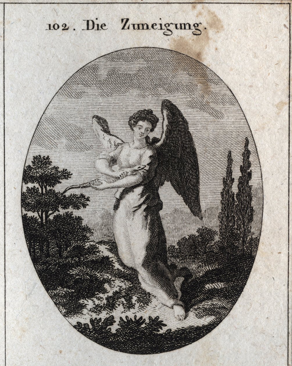 Allegorie van genegenheid of vriendelijkheid. Zijn attribuut is de hagedis, symbool van zijn vriendelijkheid en natuurlijke genegenheid voor mensen. Gravure in 