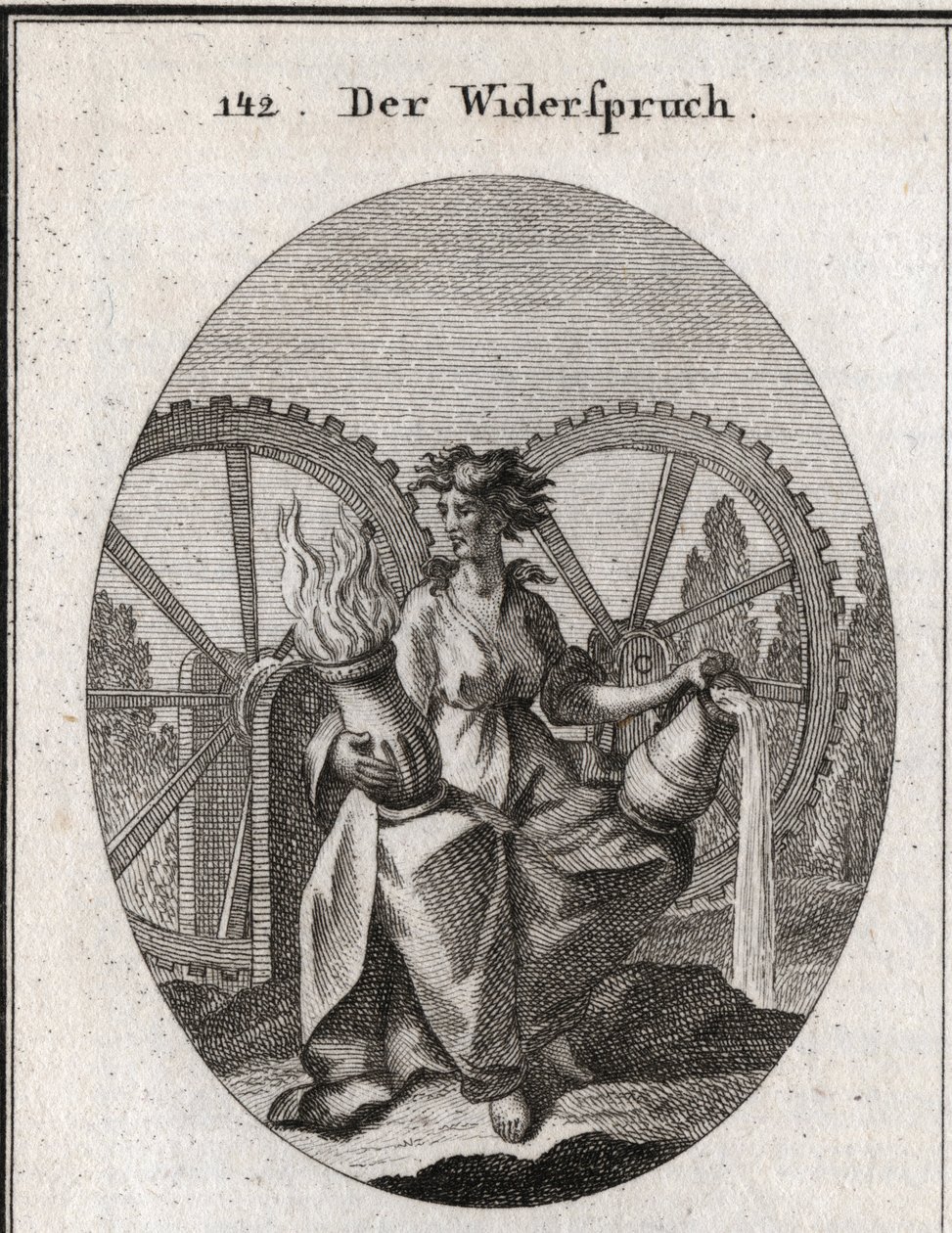 Allegorie van ergernis. Zijn pak is in tweeën gesplitst. Ze houdt een vat water en een vat vuur vast. De twee tandwielen bewegen in tegengestelde richtingen. Gravure in 