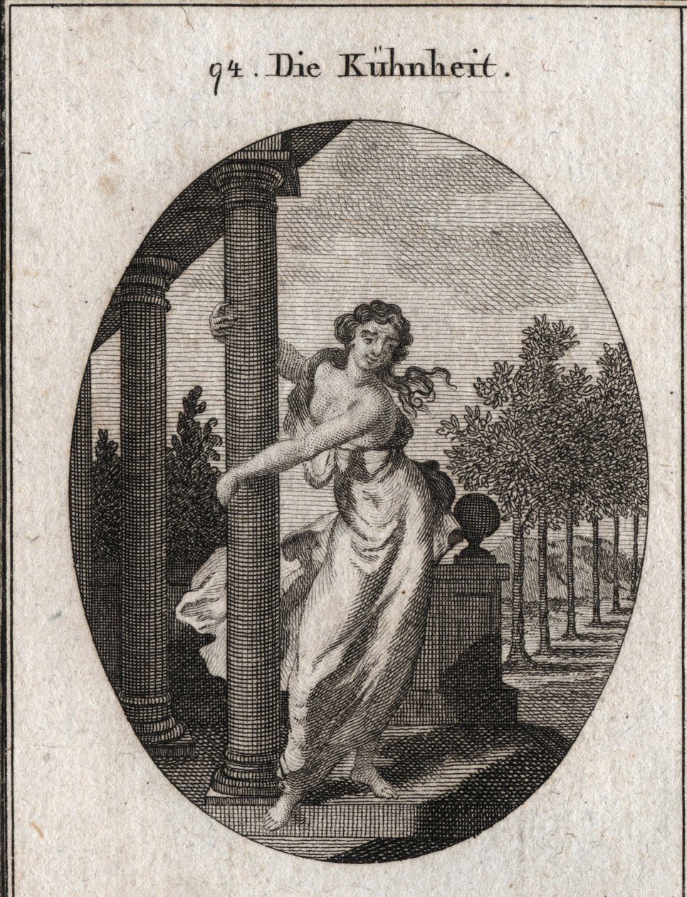 Allegorie van durf die een kolom omhelst die een gebouw ondersteunt, terwijl ze probeert het neer te halen; Gravure in 