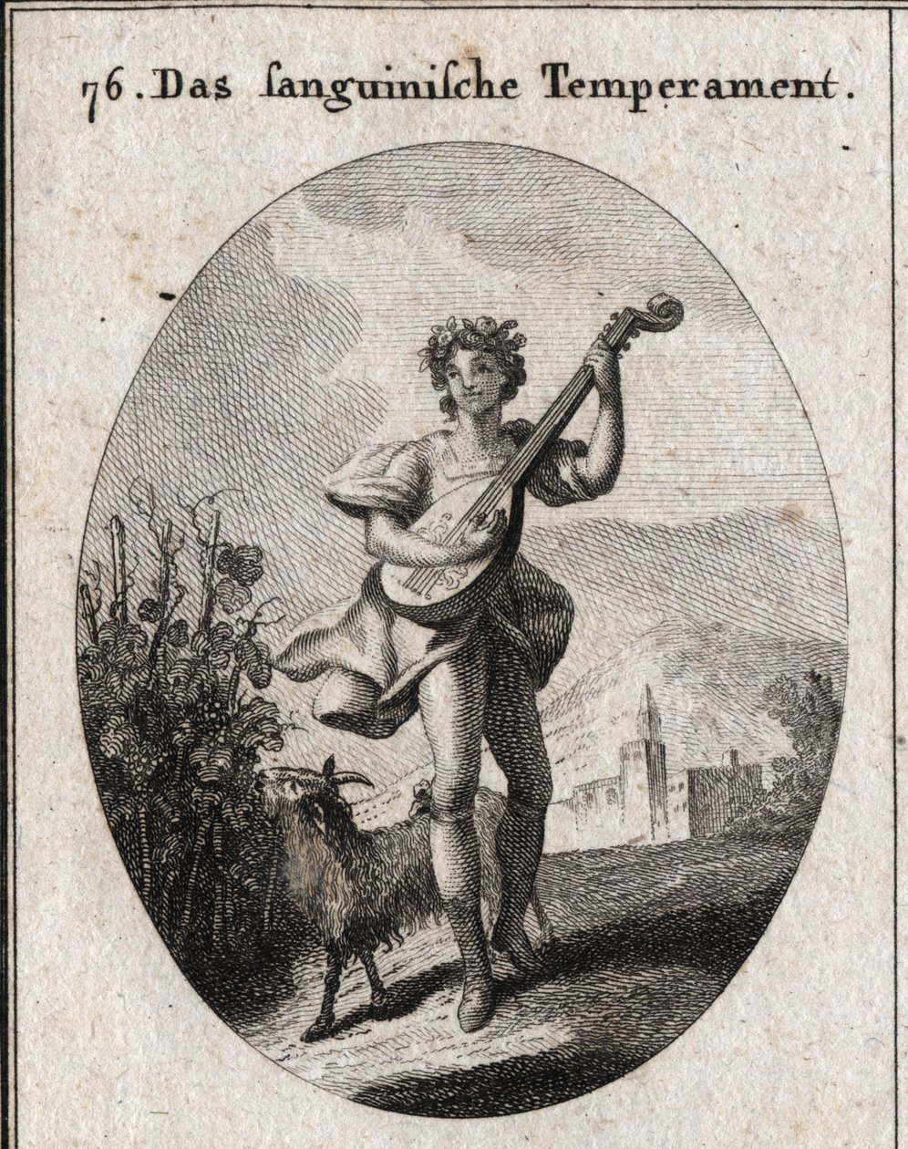 Allegorie van bloedteint. De geit die druiven eet toont aan dat bloed wordt gebracht naar de geneugten van liefde en bacchus. Gravure in 