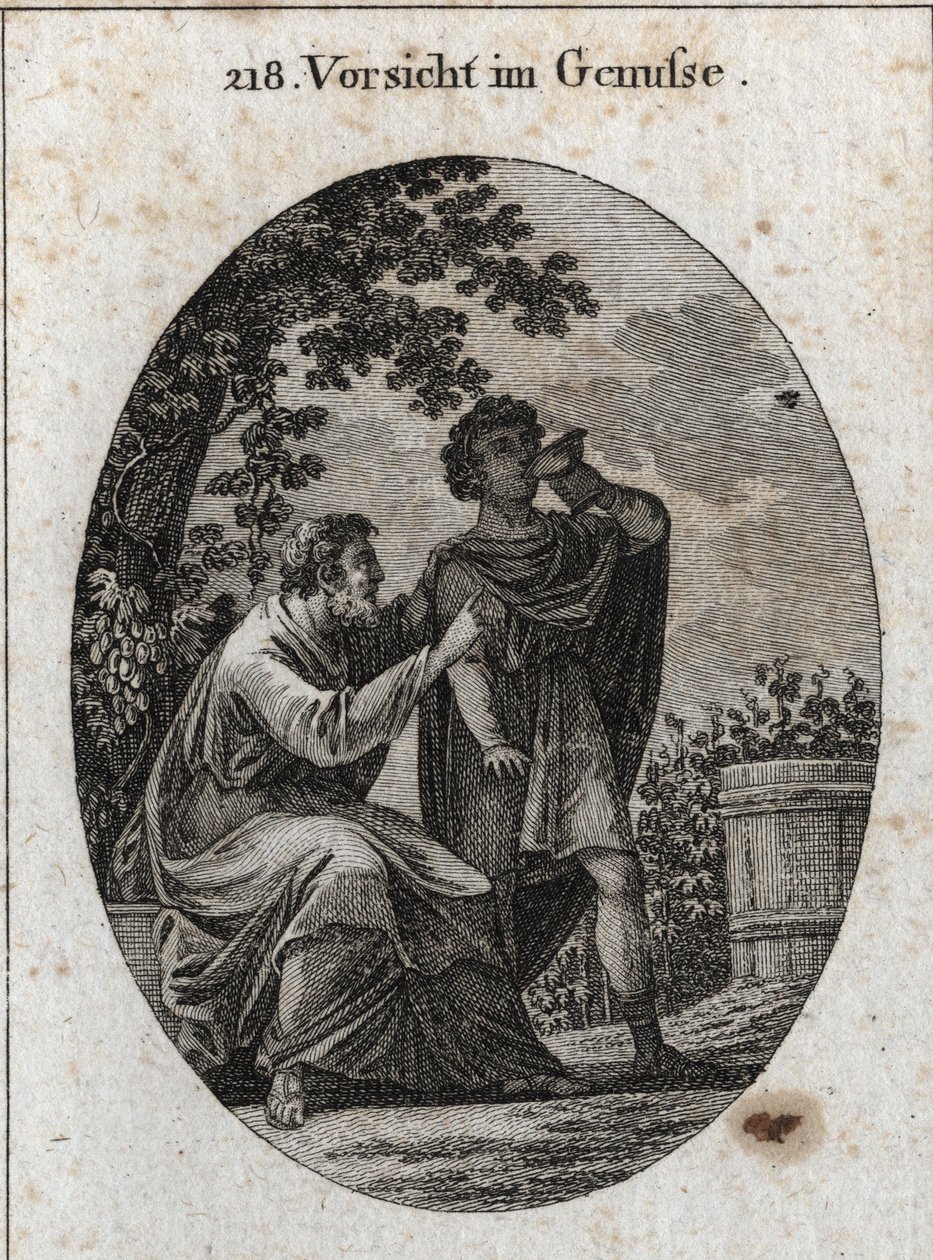 Allegorie van voorzichtigheid terwijl ze geniet. Een filosoof waarschuwt ons dat de wijnstok drie soorten druiven produceert: die van plezier, die van dronkenschap en die van pijn en waanzin. Gravure in 