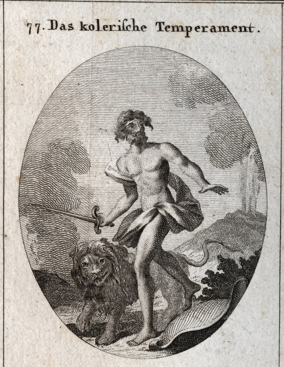 Allegorie van cholerische gemoedstoestand. Hij houdt een zwaard vast om aan te vallen en heeft net zijn schild weggegooid, vergetend zichzelf te verdedigen. Zijn attribuut is een dreigende leeuw. Gravure in 