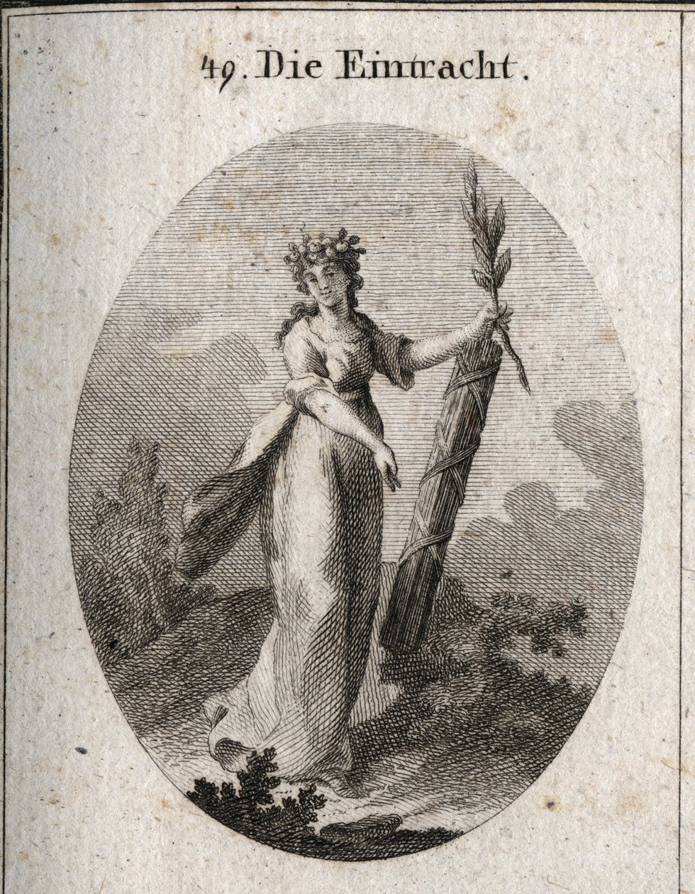 Allegorie van concordie afgebeeld met een kroon van granaatappels, embleem van eenheid. De olijftak en een symbool van vrede en de bundel stokken strak samengebonden markeren de kracht van verenigde krachten. door Austrian School