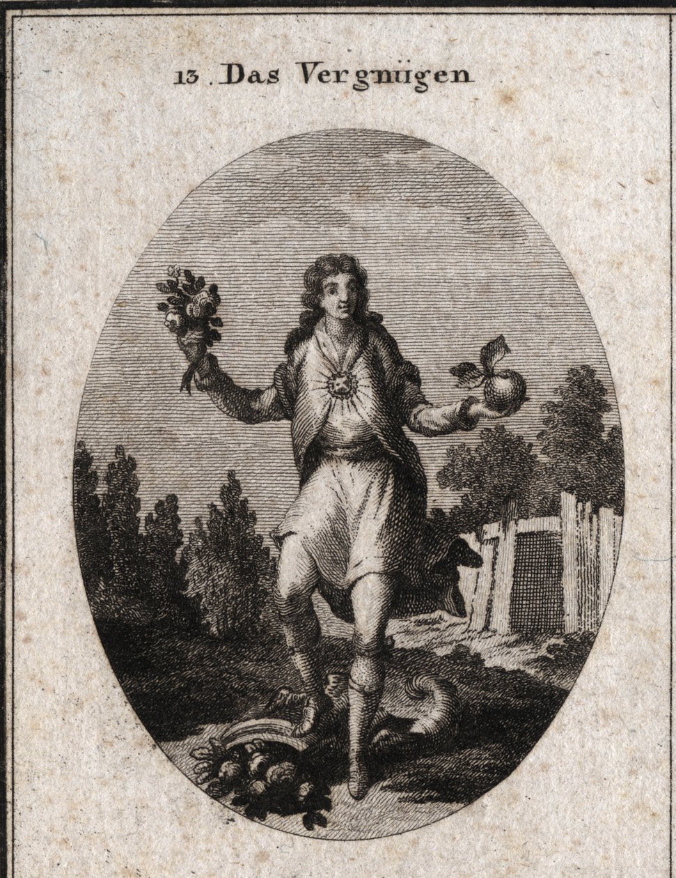 Allegorie van tevredenheid voorgesteld door een jonge man die met één hand een gouden appel vasthoudt en met de andere een boeket bloemen. Ze tonen aan dat alles wat hem omringt deelneemt aan zijn vreugde, die wordt gesymboliseerd door de robijn die op zij door Austrian School