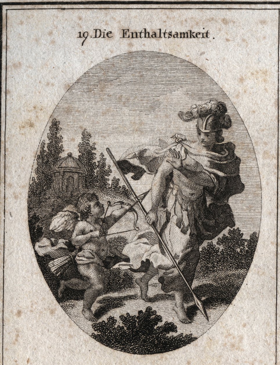 Allegorie van matigheid, heroïsche deugd vertegenwoordigd als een krijger met een helm en een speer naar de aarde gericht. Ze vermijdt het vechten tegen passies (vertegenwoordigd door liefde) en verdedigt zich tegen hun aantrekkingskracht om haar kuisheid  door Austrian School