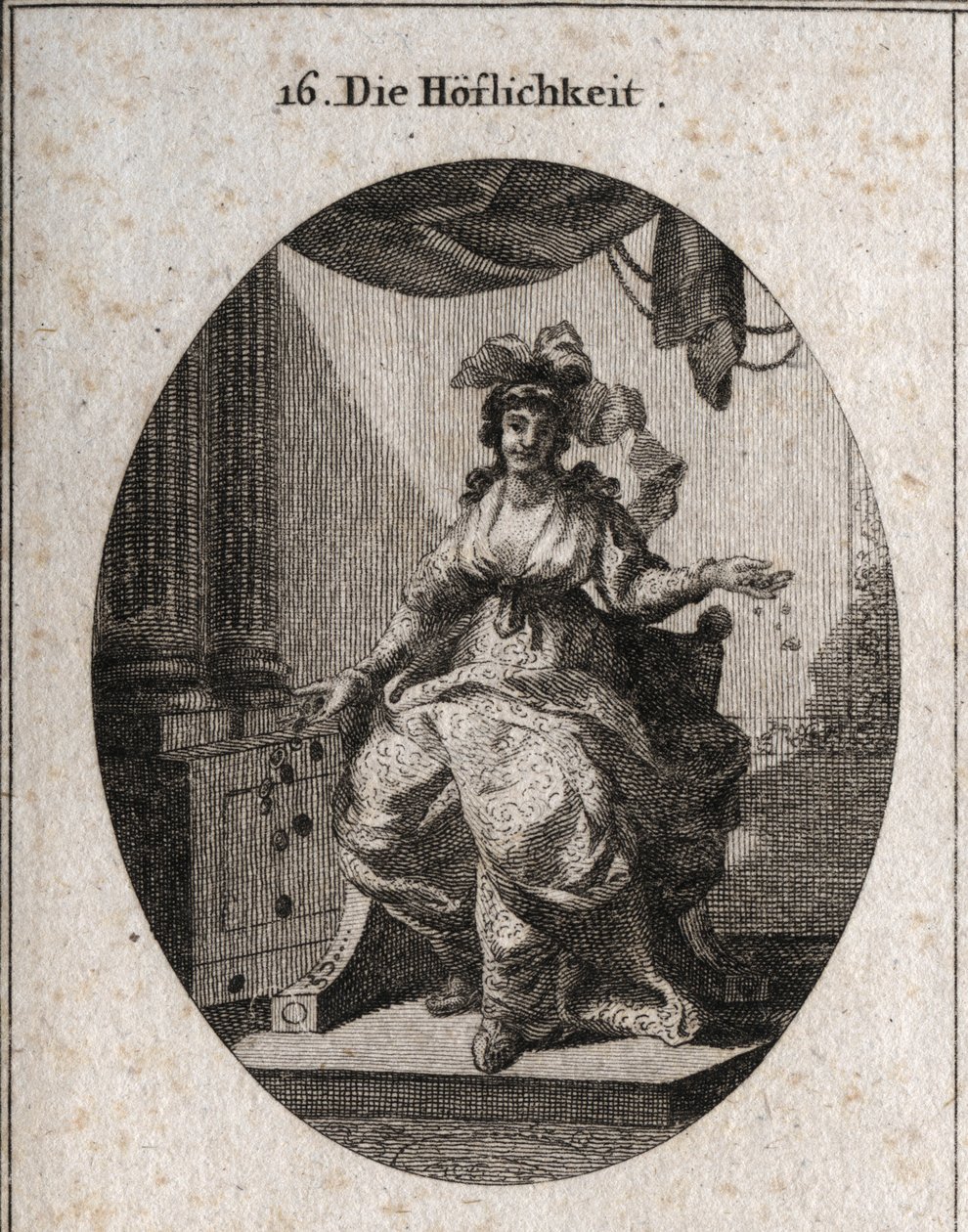 Allegorie van hoffelijkheid, voorgesteld door een rijke, sierlijke en glimlachende vrouw die geld en sieraden uitdeelt. Gravure in “Iconologie oder Ideen aus dem Gebiete der Leidenschaften und Allegorien bildich dargestellt für Zeichner, Mahler, Dichter, G door Austrian School