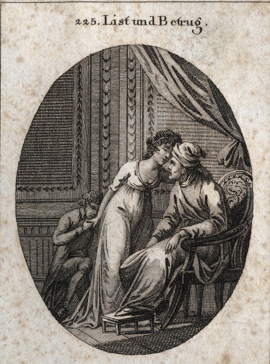 Allegorie van sluwheid en bedrog. Uitdrukking: Wie je meer liefkozingen geeft dan gewoonlijk, het is een teken dat hij je heeft bedrogen of dat hij je wil bedriegen. Gravure in 