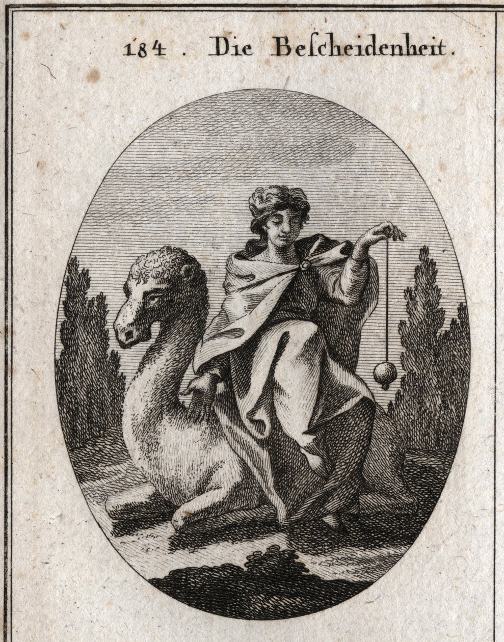 Allegorie van discretie. Het lood dat ze loodrecht houdt is het attribuut van correctheid. Ze zit op een knielende kameel om haar rit te vergemakkelijken. Gravure in Iconologie oder Ideen aus dem Gebiete der Leidenschaften und Allegorien bildich dargestell door Austrian School