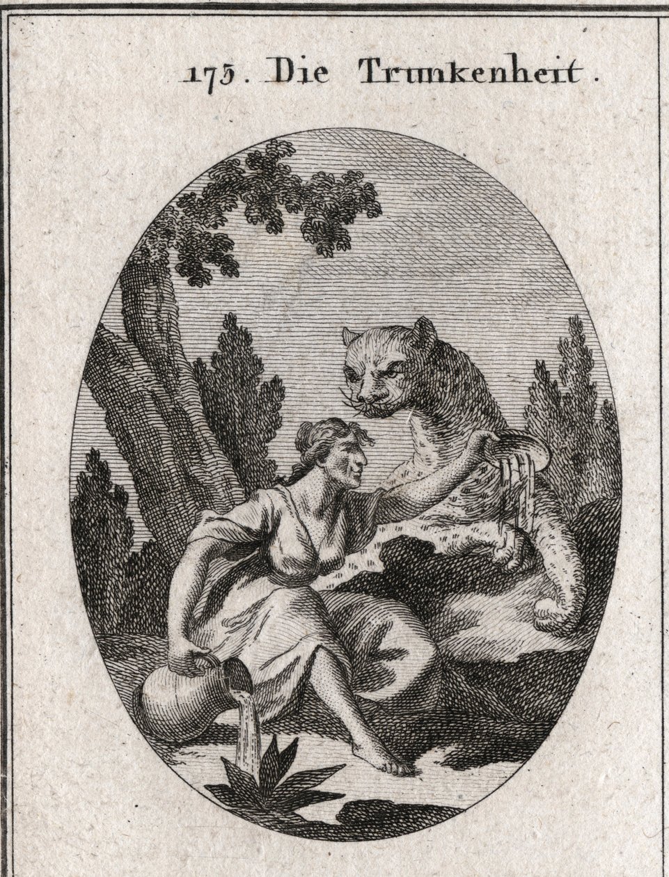 Allegorie van dronkenschap. Ze houdt een kruik en een beker vol wijn vast. Haar symbool is een panter, symbool van de woede van dronkenschap. Gravure in 