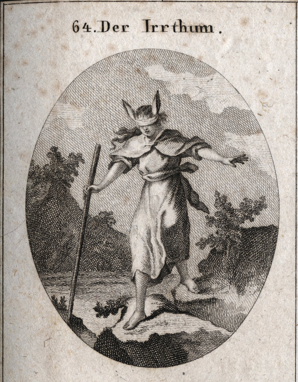 Allegorie van fout in een wankele houding met een blinddoek en ezelsoren om aan te geven dat blindheid en onwetendheid de bronnen van fouten zijn. Ze gaat richting een afgrond, tastend met haar stok. Gravure in 