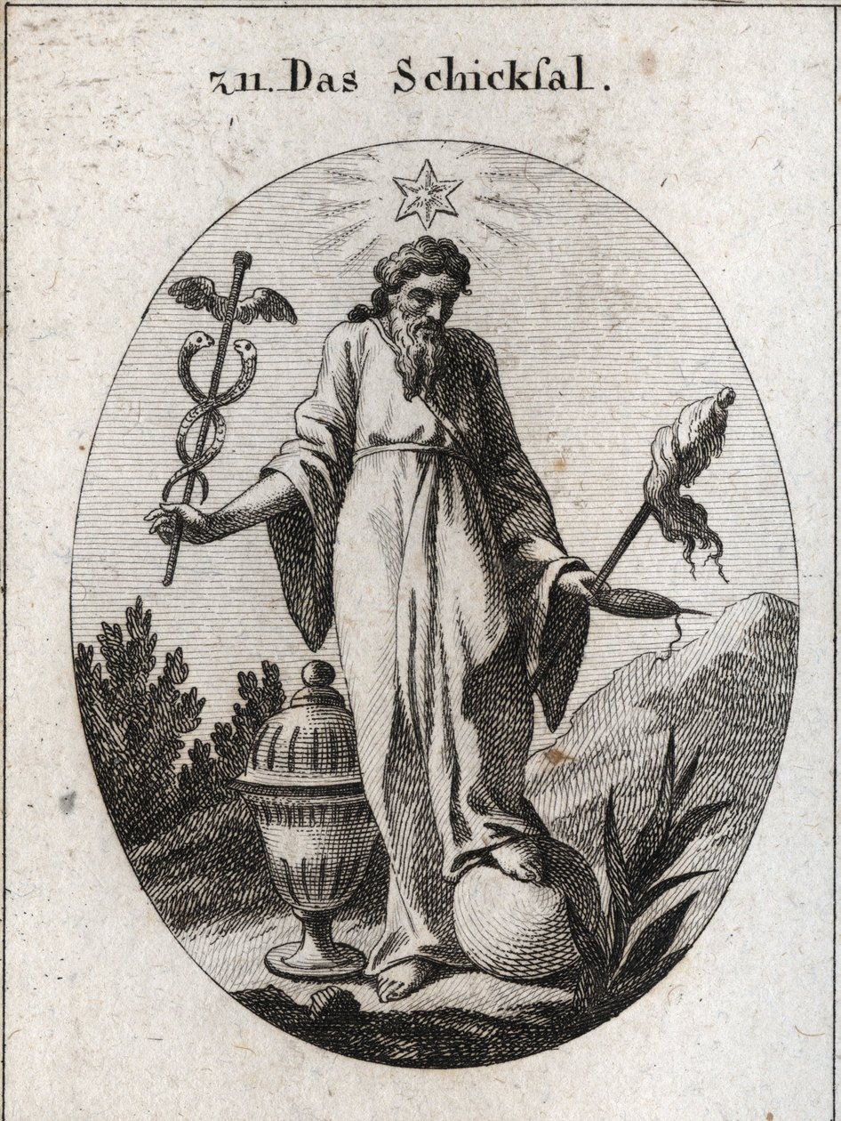Allegorie van het lot. Een ster erboven weerspiegelt astrologische rapporten over incidenten in het menselijk leven. Hij houdt met één hand een bladverliezend symbool van zijn macht en in de andere een rietstengel en een spoel waarvan de gebroken draad de  door Austrian School