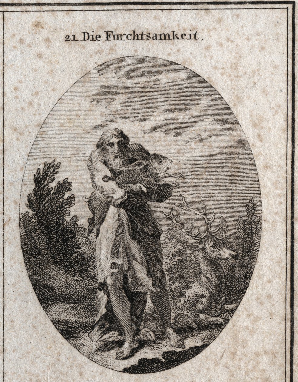 Allegorie van angst in de gedaante van een oude man met vleugels aan zijn voeten die bevorderlijk zijn voor ontsnapping. Zijn attributen zijn haas en hert. Gravure in “Iconologie oder Ideen aus dem Gebiete der Leidenschaften und Allegorien bildich dargeste door Austrian School