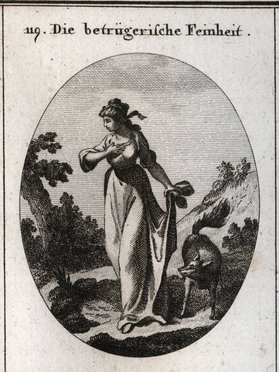 Allegorie van finesse die de neiging heeft te misleiden. Ze wordt afgebeeld met één hand op haar borst en een andere hand achter haar rug met een vos, symbool van misleiding. Gravure in 