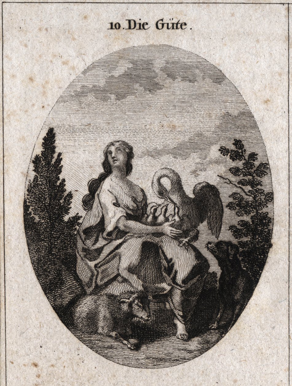 Allegorie van goedheid vertegenwoordigd door een nobele en overvloedige schoonheid die met liefde naar de hemel kijkt. Pelikaan symboliseert liefdadigheid, hond trouw en lam, zachtheid. Gravure in 