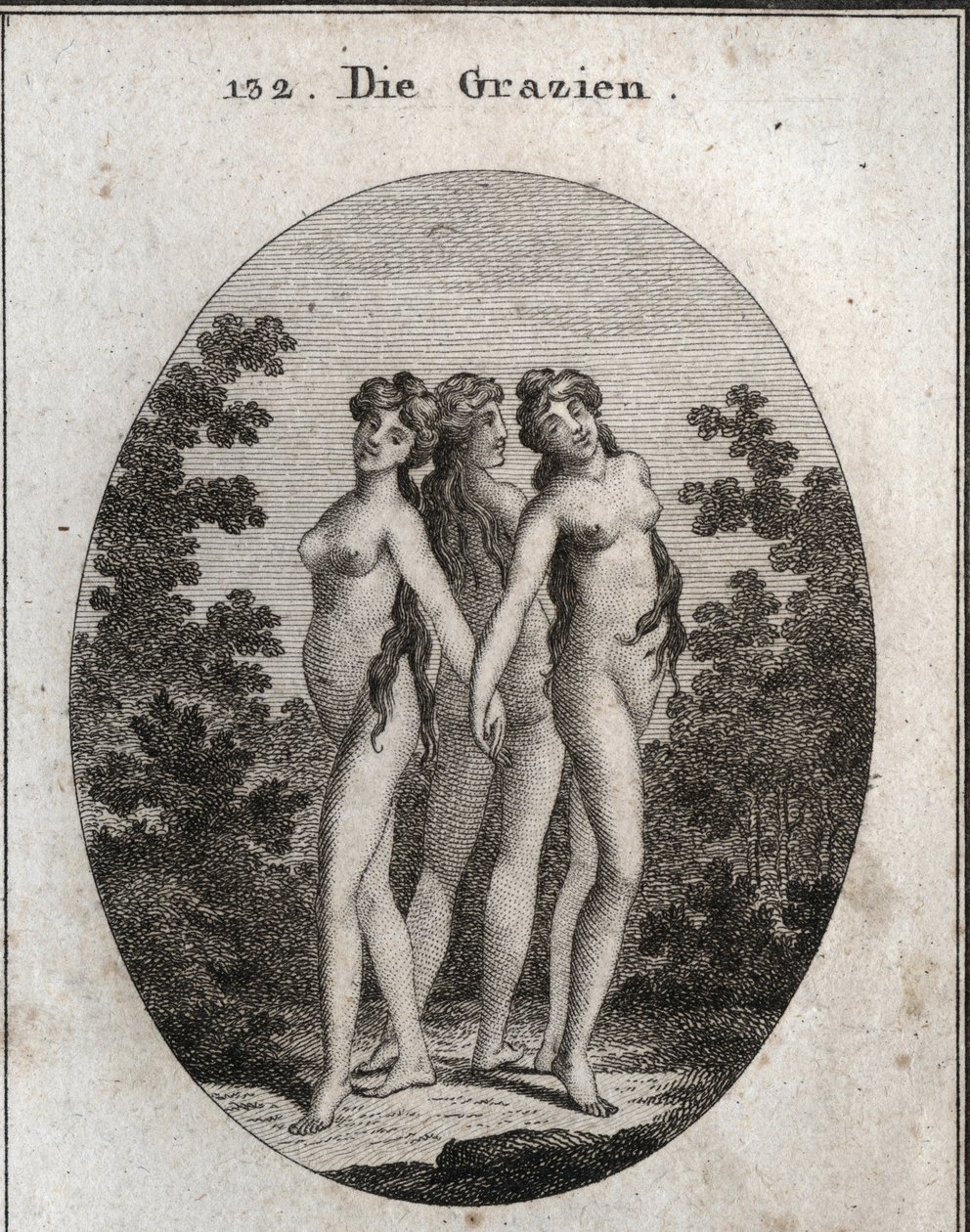 Allegorie van gratie. De drie gratiën: Euphrosine die vreugde en tevredenheid betekent, Aglaya die imposante schoonheid symboliseert en Thalia die genot betekent. Gravure in 