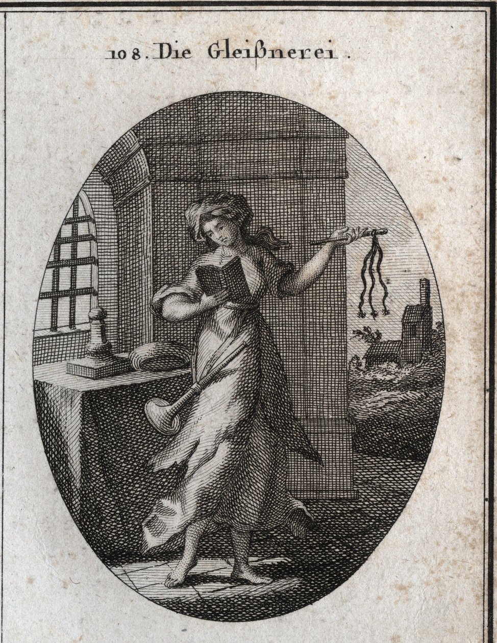 Allegorie van hypocrisie die een gebedenboek en discipline (roede, zweep) vasthoudt. De trompet die ze op haar schouder heeft markeert dat ze haar goede werken met nadruk publiceert. Gravure in 