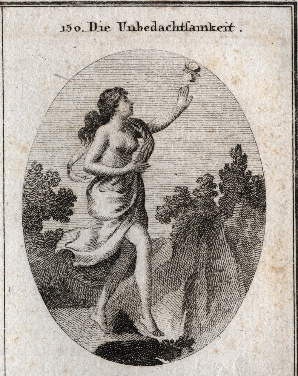 Allegorie van onbezonnenheid. Ze loopt terwijl ze naar een vlinder kijkt zonder te zien dat er een afgrond aan haar voeten is. De passer en de regels tonen aan dat ze geen enkele maat kent of houdt. Gravure in 
