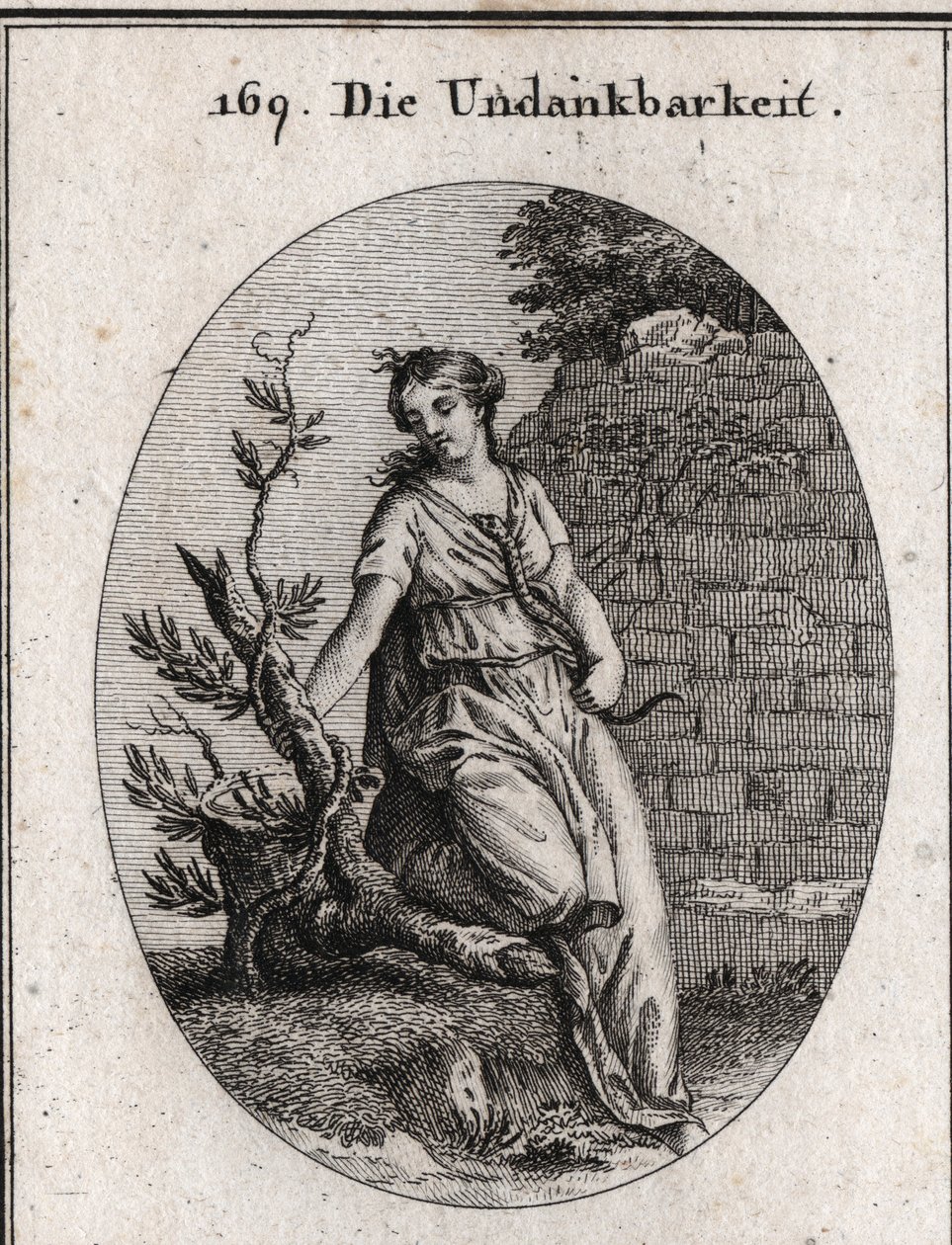 Allegorie van ondankbaarheid. Gravure in "Iconologie oder Ideen aus dem Gebiete der Leidenschaften und Allegorien bildich dargestellt fur Zeichner, Mahler" door Austrian School