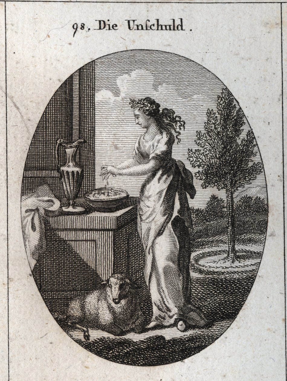 Allegorie van onschuld. Gravure in "Iconologie oder Ideen aus dem Gebiete der Leidenschaften und Allegorien bildich dargestellt fur Zeichner, Mahler" door Austrian School