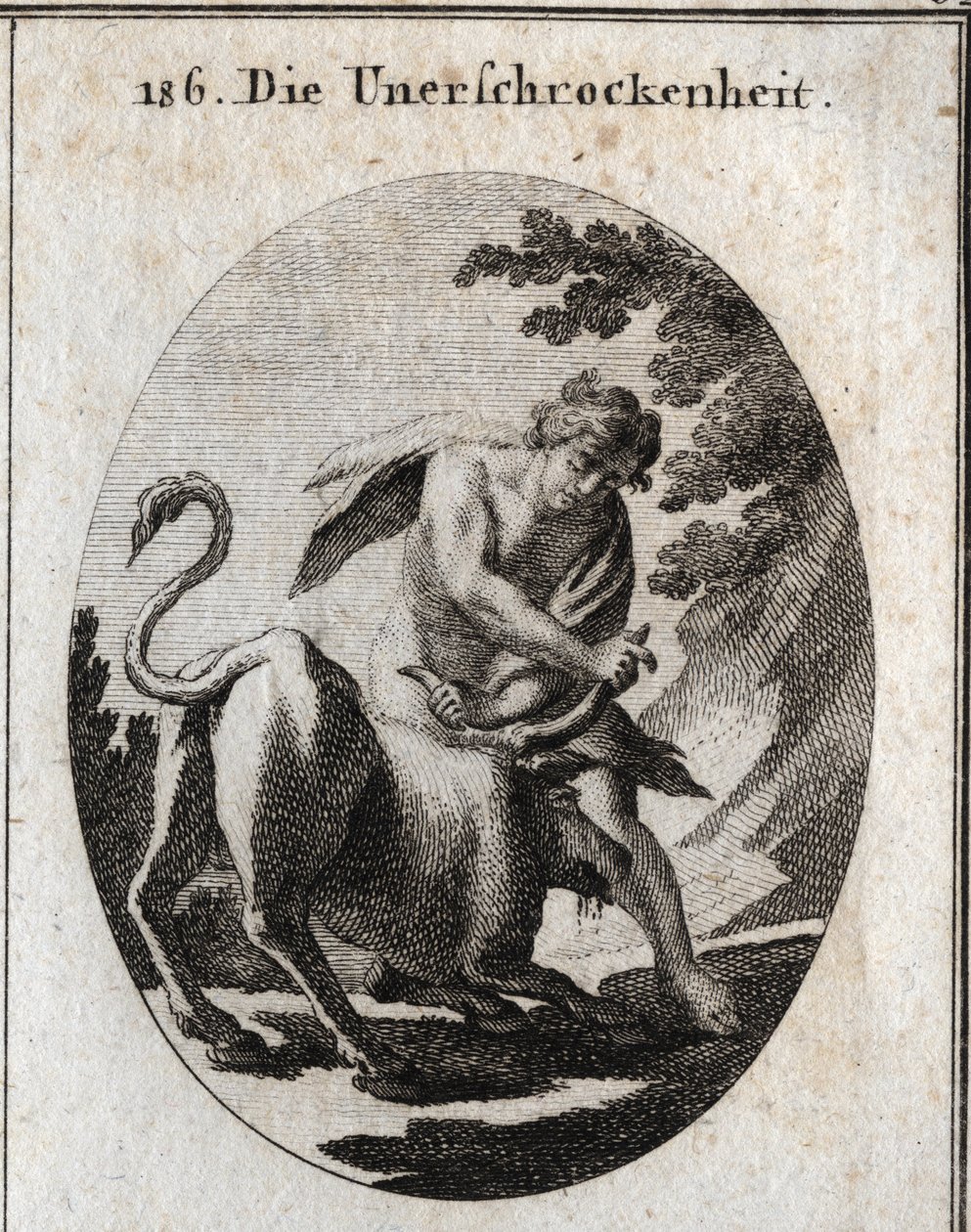 Allegorie van onverschrokkenheid, voorgesteld door een krachtige jonge man die een woedende stier stopt door hem bij de horens vast te houden. Gravure in 